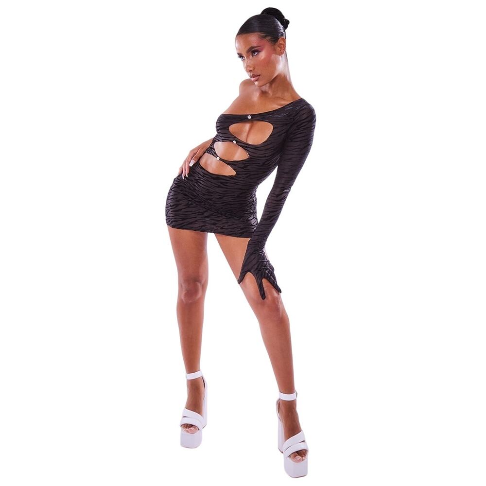 PrettyLittleThing Black Zebra Print Extreme Cut One Sleeve Mini Dress Size 0